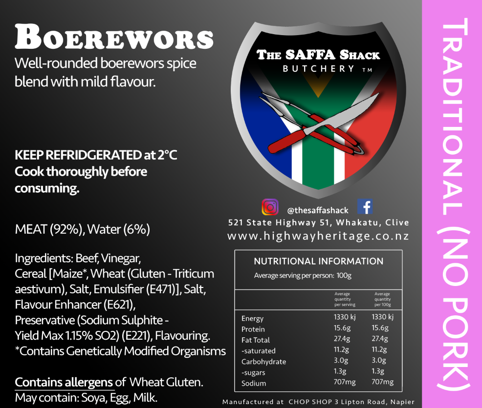 Boerewors: Traditional (No Pork) / kg